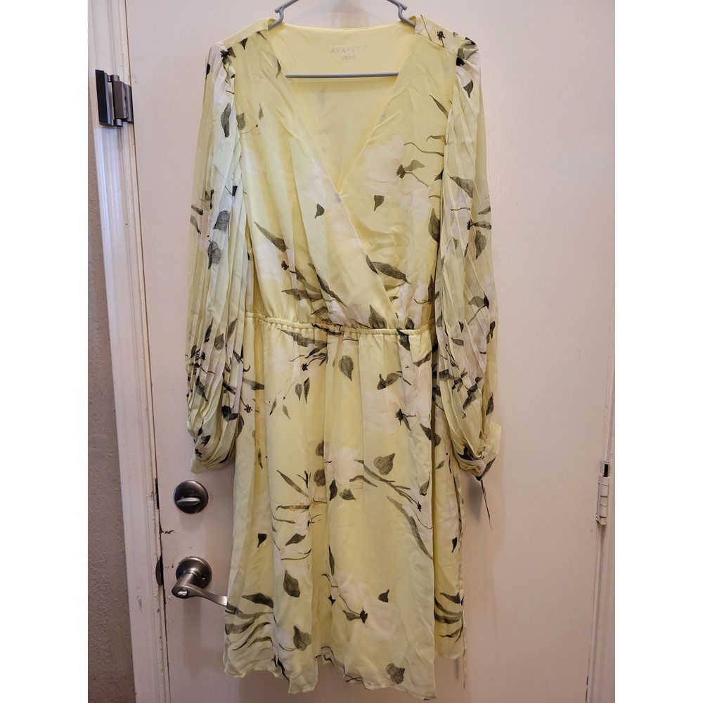 Ava & Viv Womens Lime Yellow Floral Faux  Midi Dress 1X Pleated Sleeve V-Neck